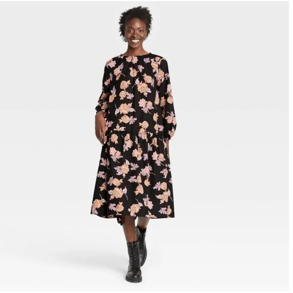 NWOT Black Floral Prairie Boho Oversized Floral Print Dress Size XL - Picture 1 of 6